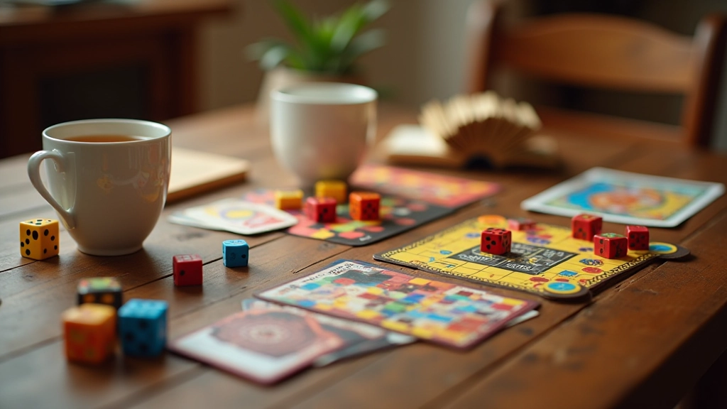 Collection of colorful board games and game pieces