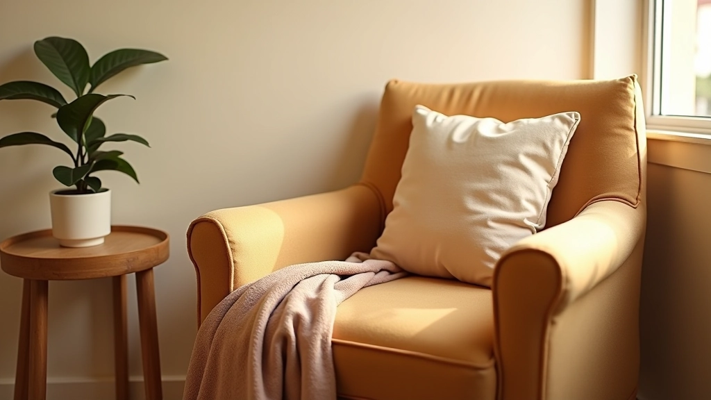 Comfortable reading chair with good lumbar support, warm fabric upholstery, positioned in natural window light for reading