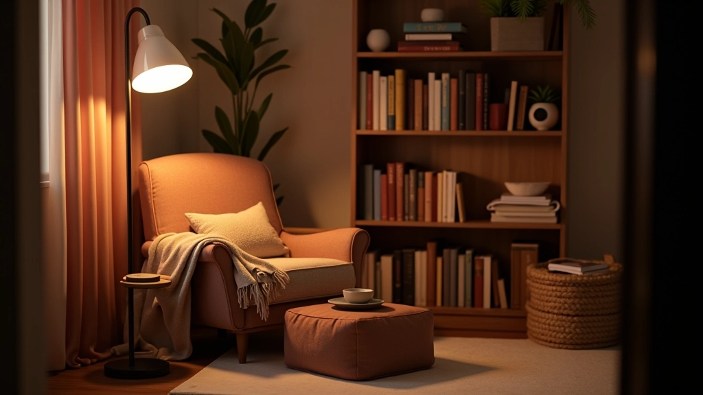 Cozy reading nook with comfortable armchair, bookshelf, soft lighting and decorative pillows creating a warm inviting space