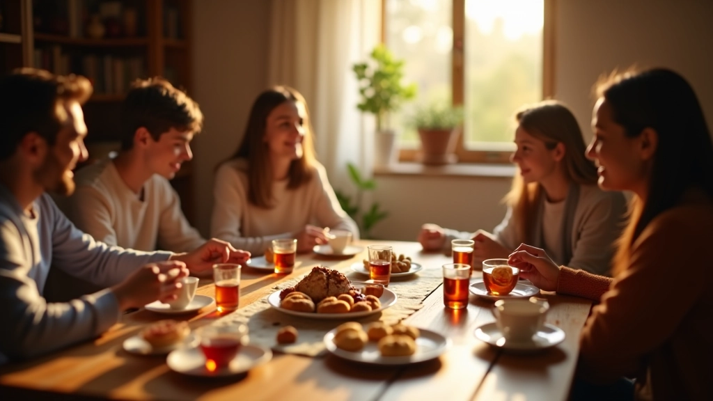 Family gathering around wooden table with multiple glasses of Turkish tea and traditional treats