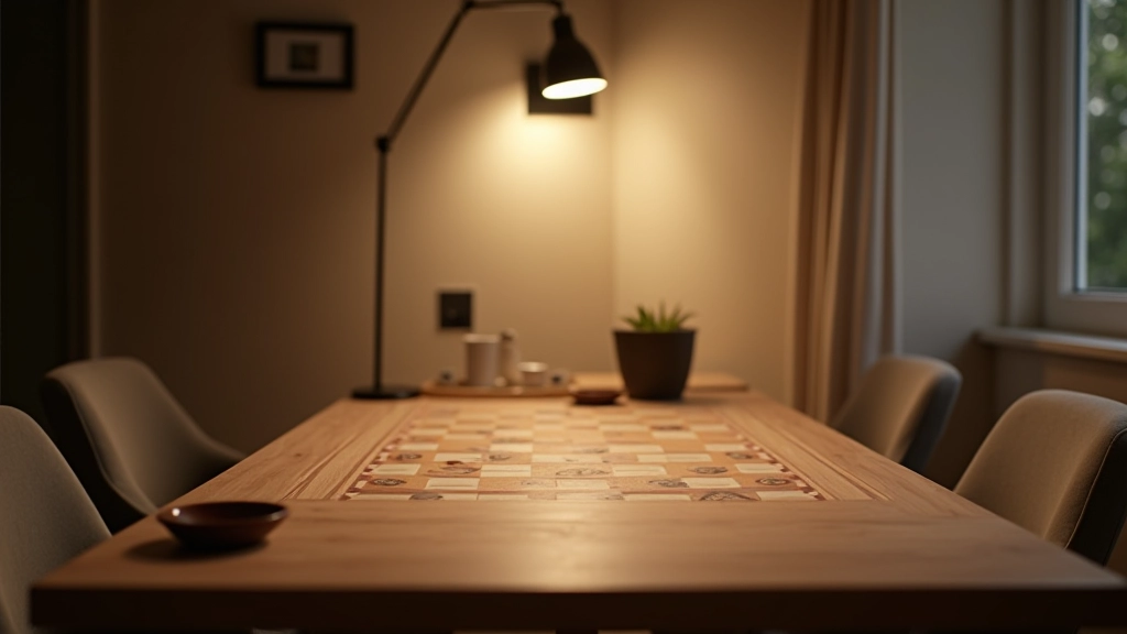Well-organized game table with clear space, good lighting, comfortable chairs arranged around wooden table