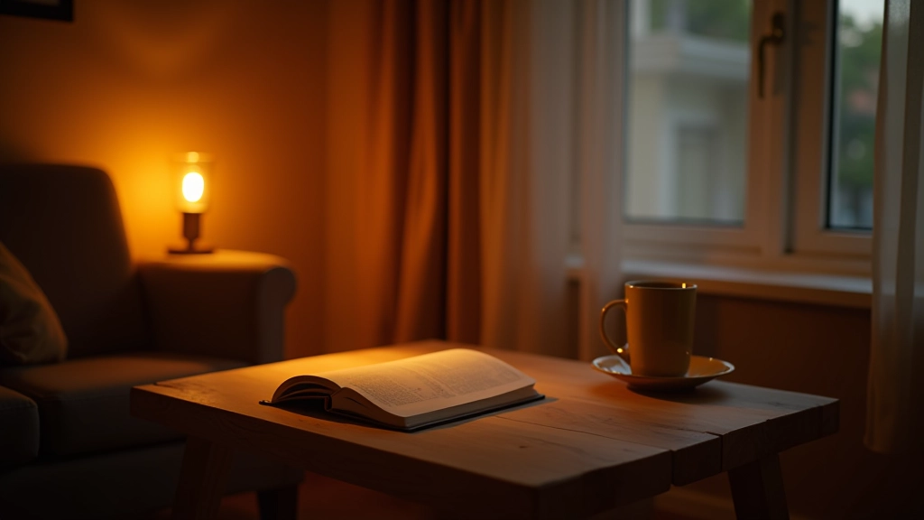 Layered lighting setup with warm table lamp, natural window light, and soft ambient lighting creating reading-friendly illumination