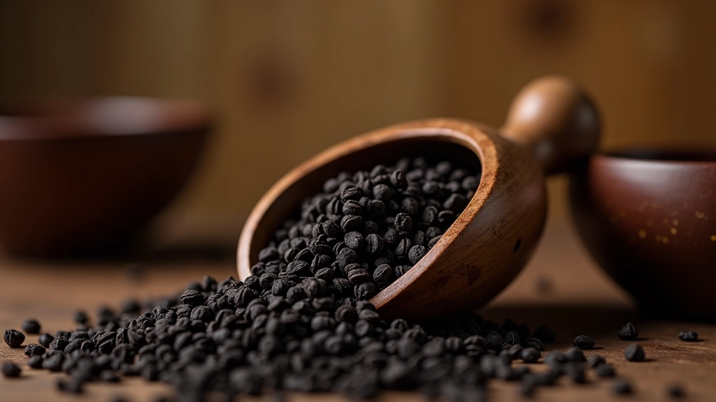Close-up of loose Turkish black tea leaves in a wooden scoop with rustic ceramic bowl