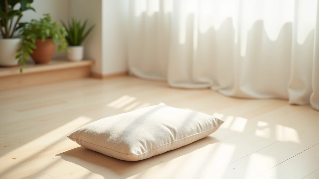 Minimalist meditation setup with cushion, soft natural lighting, and calming home decor