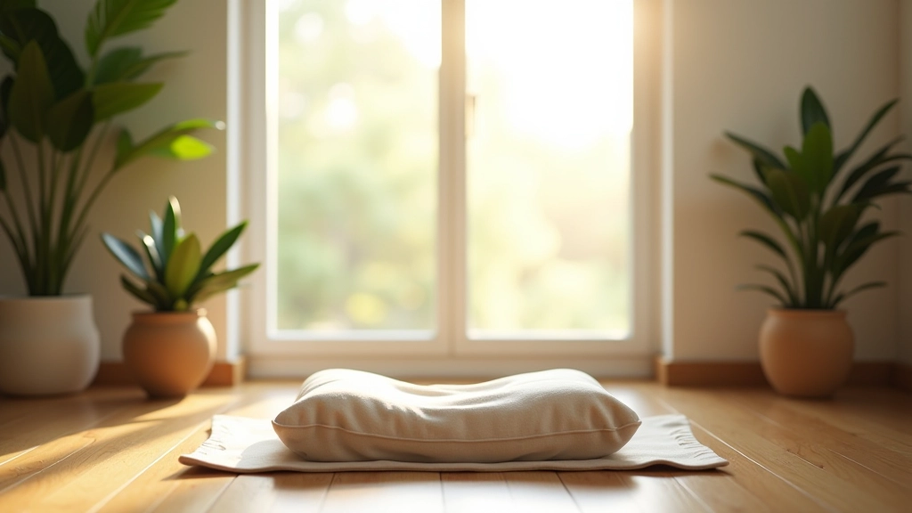 Serene meditation space with soft lighting, comfortable cushion, and peaceful home setting