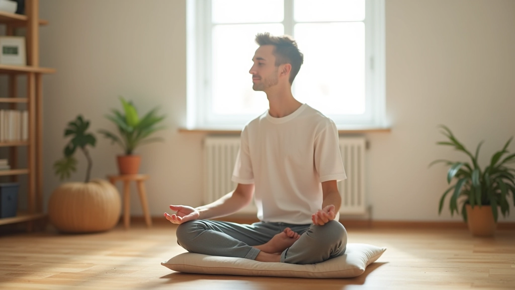 Person demonstrating proper meditation posture while seated on cushion with upright spine and relaxed shoulders