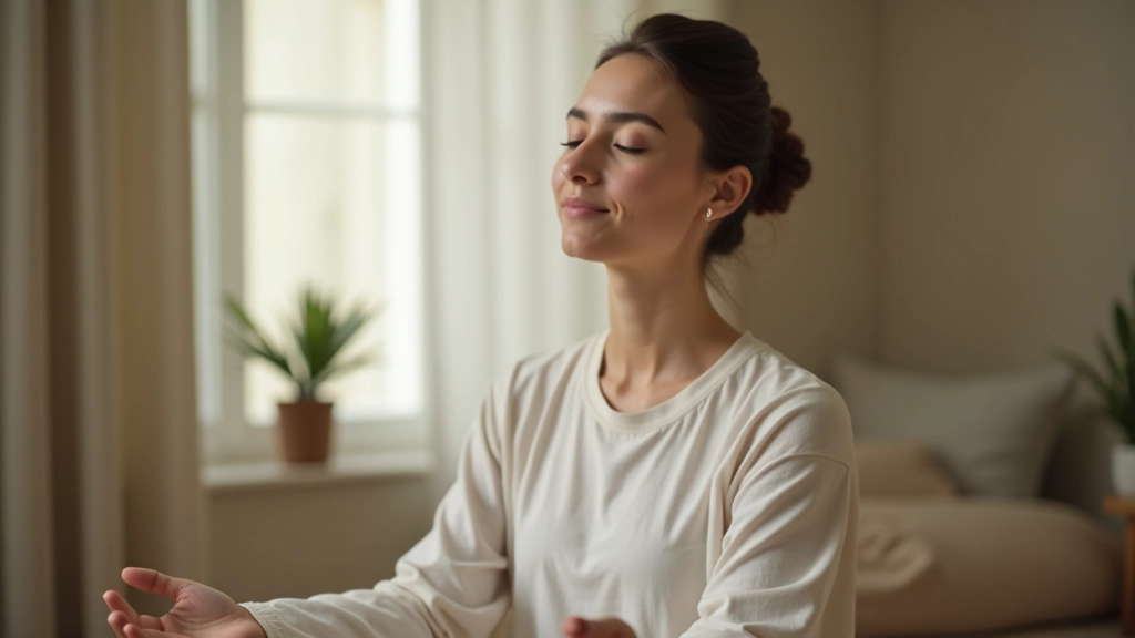 Close-up of person in calm meditative state with eyes closed during breathing practice