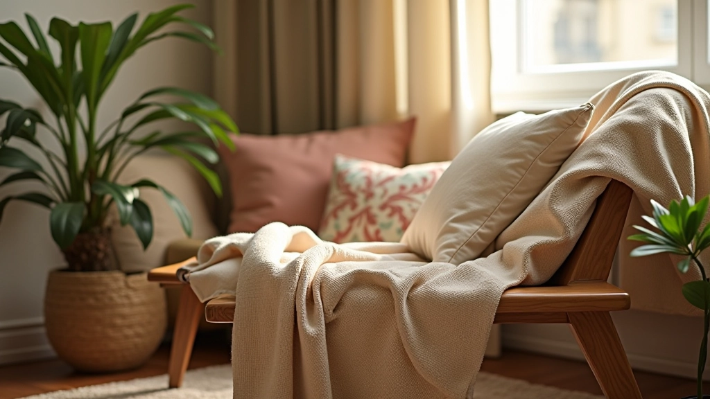 Cozy reading nook decorated with soft blankets, cushions, plants, and warm textiles creating an inviting retreat space