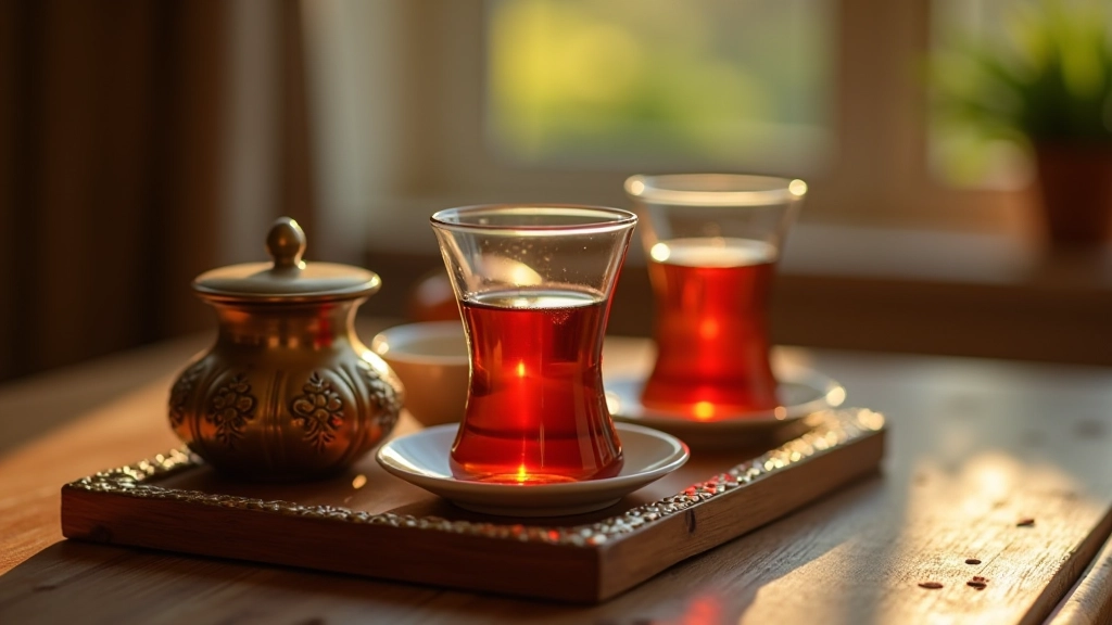 Traditional Turkish tea service with ornate glasses and copper pot