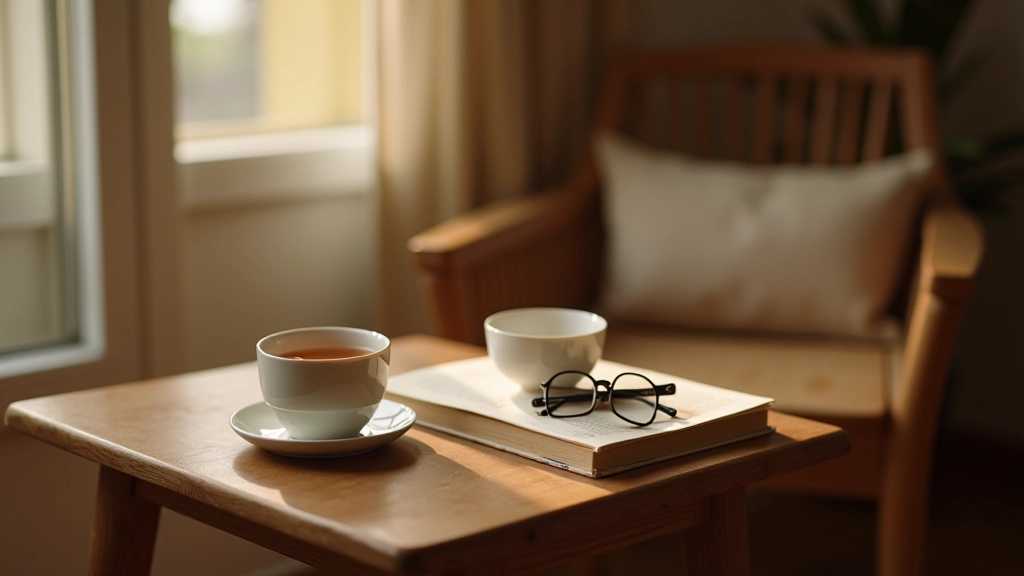 Small wooden side table with tea cup, stack of books, reading glasses, and decorative objects in a reading nook setting